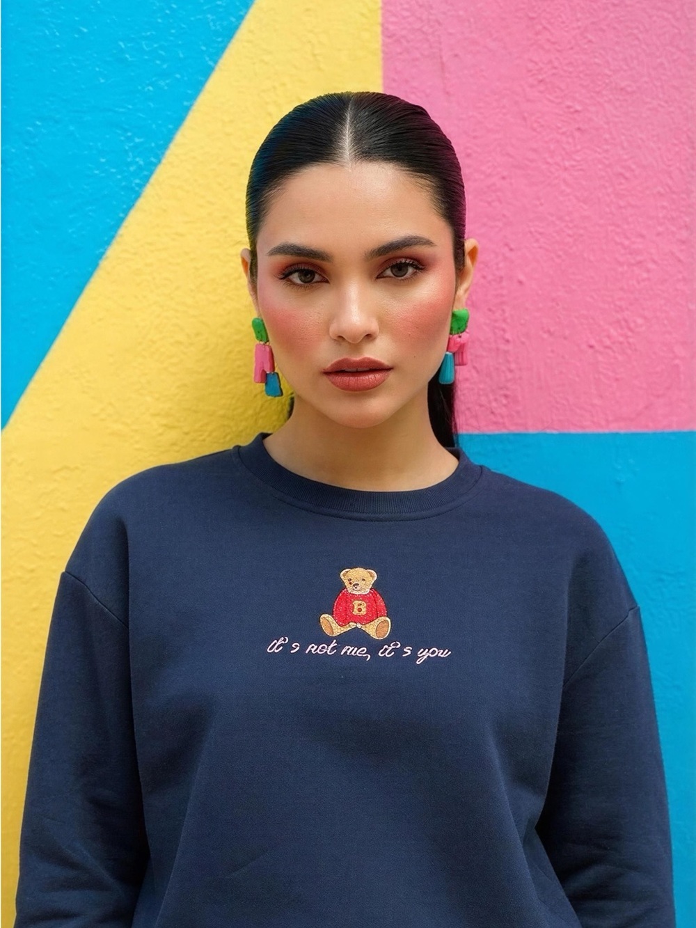 Women's Navy Crewneck Sweatshirt with Embroidered Bear Accent